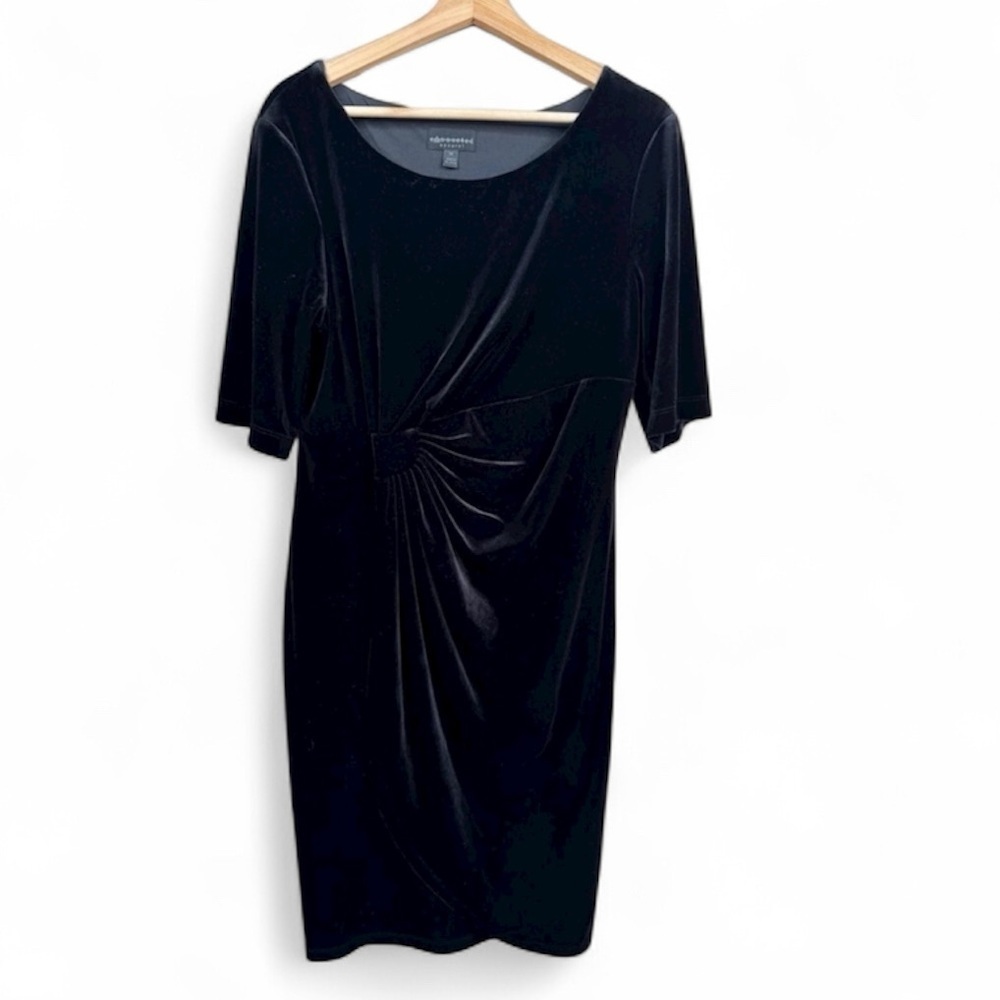 Connected Apparel Black Velvet Dress Short Sleeve Ruched Waist Size 14